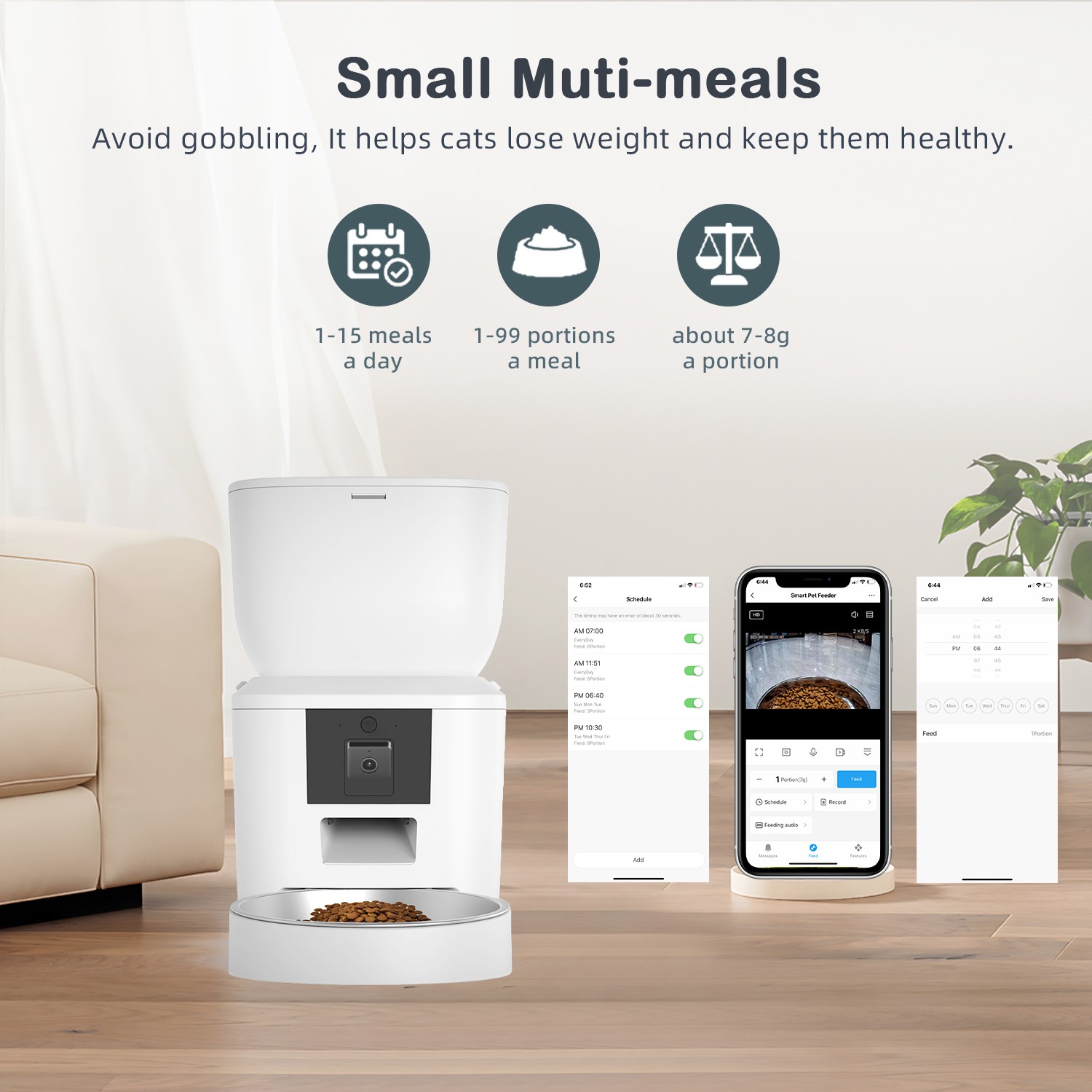 Cat owner using smart pet feeder app in 2025