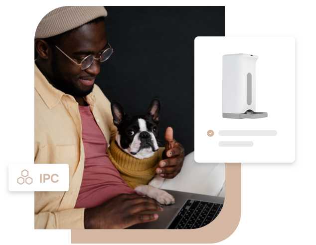 Dog with smart pet activity tracker collar and smart feeder in background