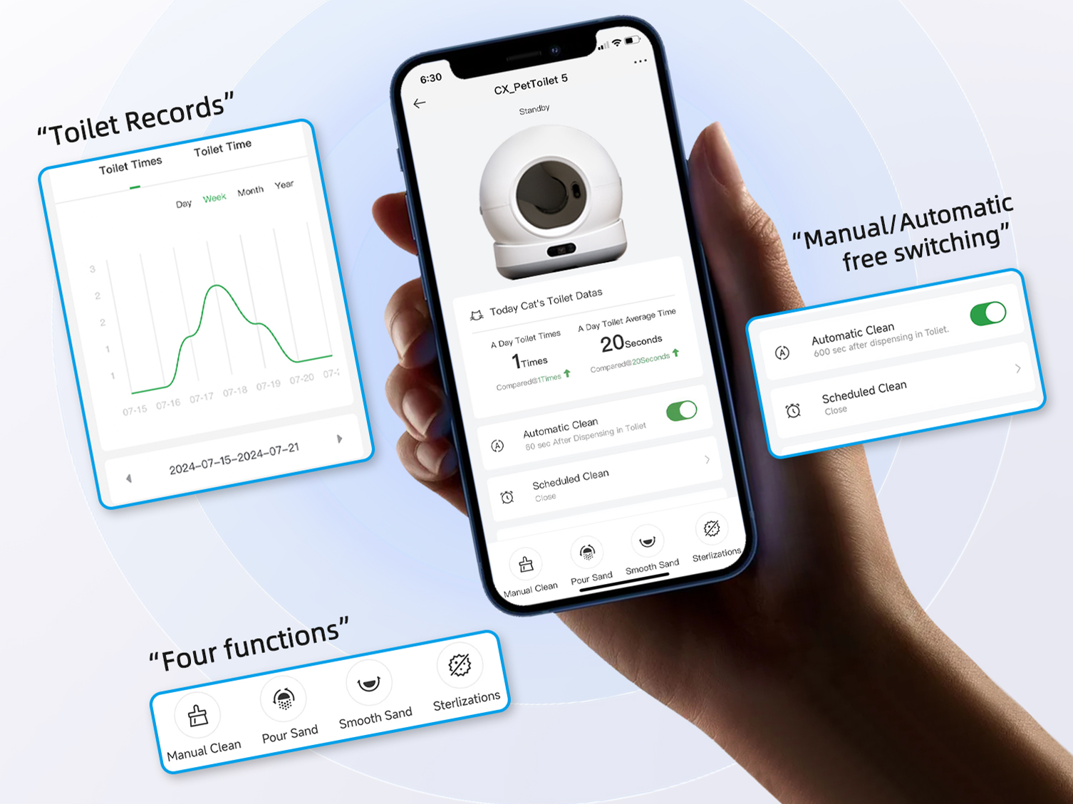 Smartphone app showing litter box control interface