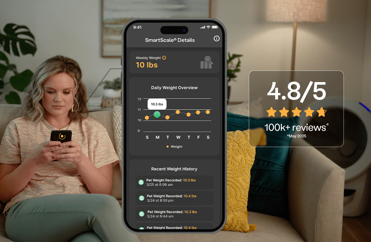 Dog wearing smart pet activity tracker collar with app dashboard showing health data